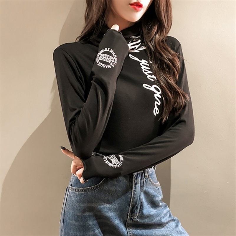 Womens simple casual thick letter printed T-shirt womens fashionable ultra-thin high neck long sleeved bottom wild casual T-shirt 240826