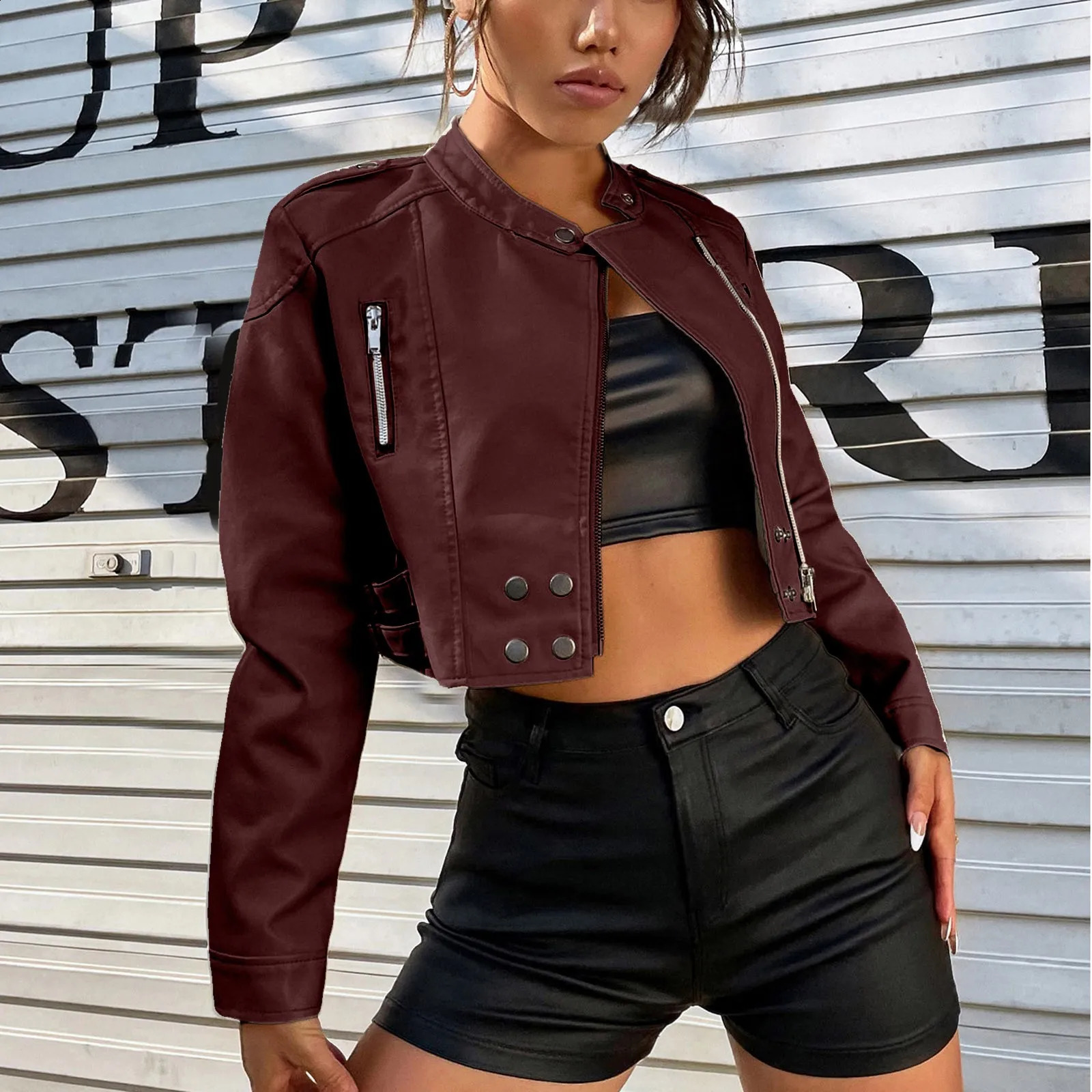 Cropped PU Leather Jacket Womens Autumn Spring Short Thin Bicycle Jacket Womens Bomber Jacket Womens Jacket 240827
