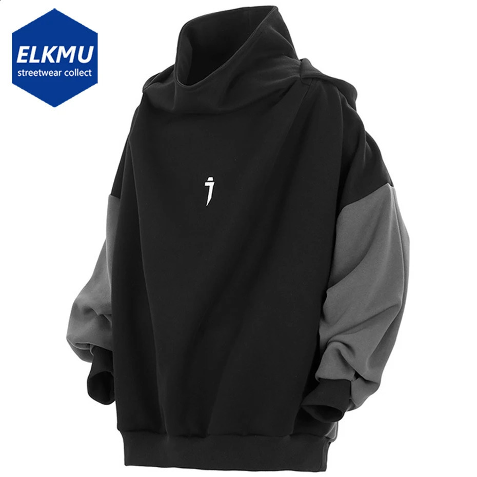 Mens Techwear Hoodie Black Grey Patched Work Sweater Oversized Harajuku Hip Hop Pullout 240826