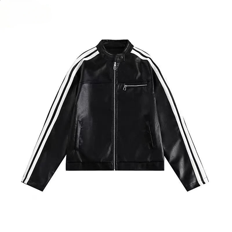 Black leather jacket striped womens bomber college racing car oversized jacket stylish zipper vintage American standing collar Pu jacket 240827