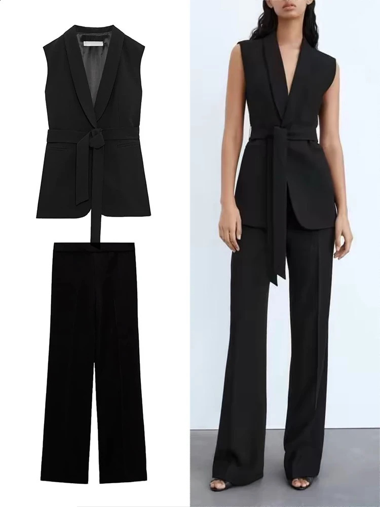 TRAF Womens Vintage Lapel Sleeveless Solid Colour Belted Vest Top Jacket and Blazer Pants Set Elegant Pant Suit 240826