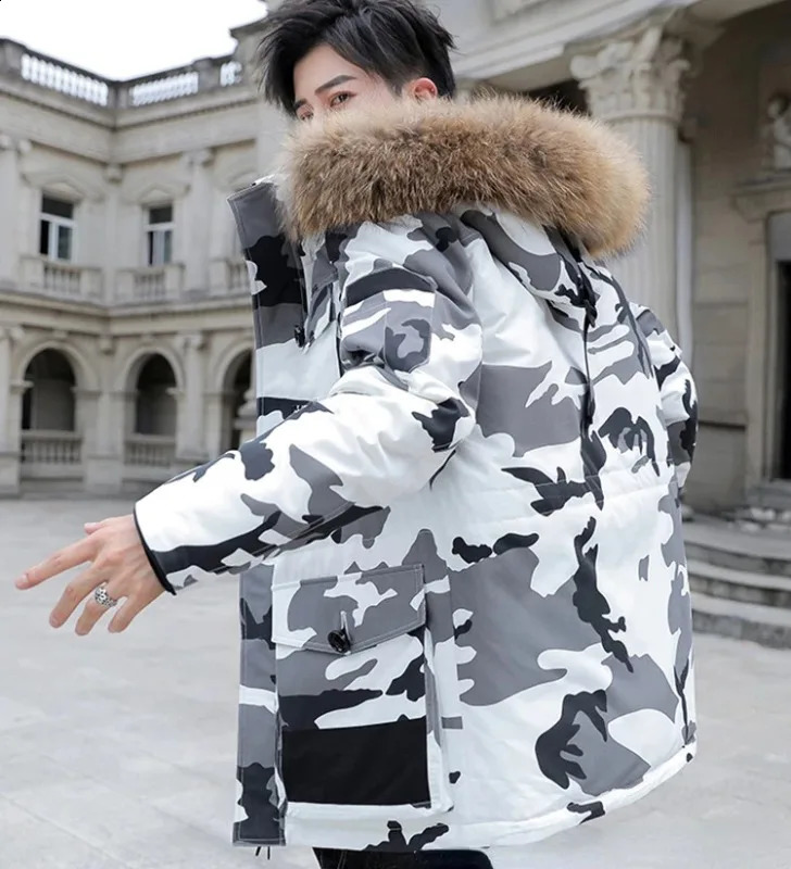 Winter -30 degree down jacket for men 90% white duck down big fur collar warm and thick park chiffon jacket for men camouflage 240826