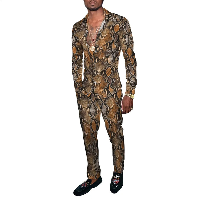 Spring and autumn animal snake skin 3D printed mens clothing set Tracksuit long sleeved shirt long pants two-piece clothing set 240827