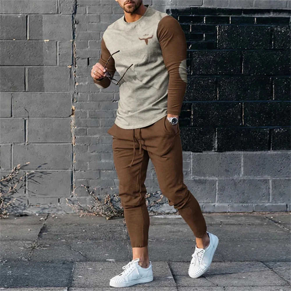 Autumn retro ethnic style 3D printed mens sportswear set long sleeved T-shirt pants 2-piece set oversized floral mens clothing 240827
