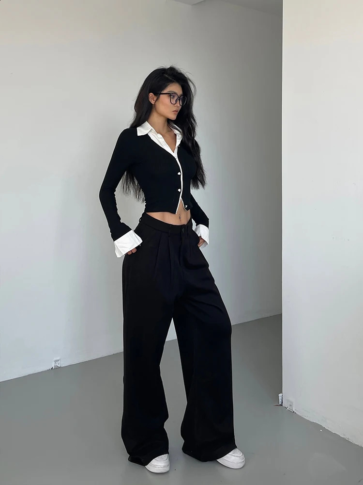 WOMENGAGA Spicy Contrastive Color Fake Double Polo Neck Long Sleeve Womens Autumn Ultra Thin Shirt Sweet Top X8VZ 240827