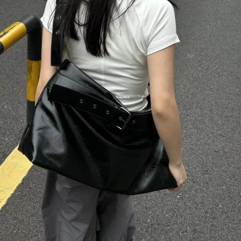 Xiuya Vintage Black Womens Tote Bag Large Capacity Solid Color Fashion Soft Pu Leather Shoulder Bag High Street Men Bag 240826