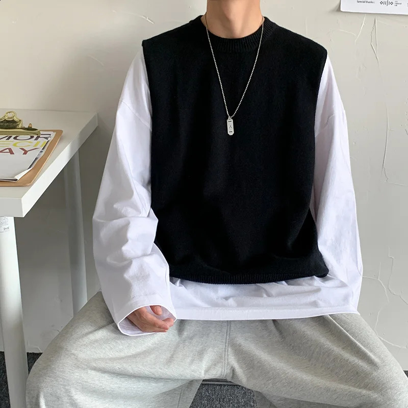 Men Spring Autumn Fashion Solid Color Sweater Vest Mens Korean Loose Sleeveless Tops Male O-neck Knitted Waistcoat K484 240826