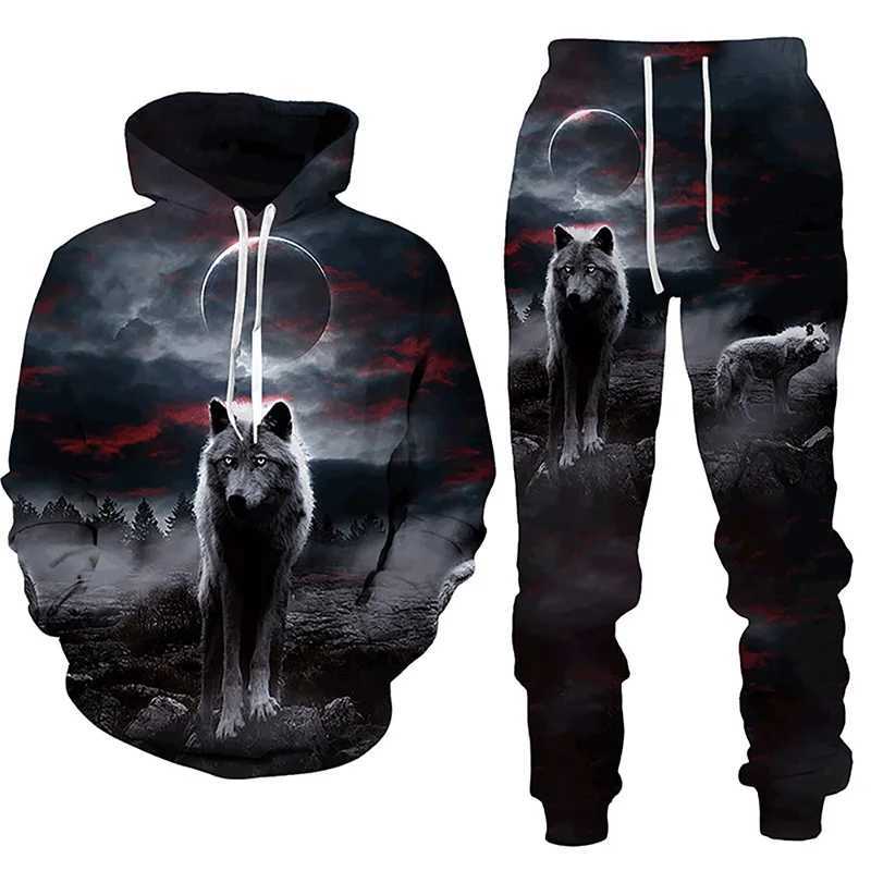 Men's Tracksuits New Forest Wolf 3D Printed Mens Hoodie Autumn/Winter Casual Fashion Sports Pants Track Clothing J240824