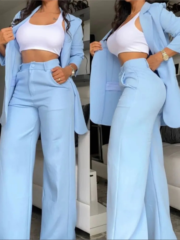 Autumn Womens Fashion Solid Notched Collar Suit Two Piece Business Office Casual Elegant Womens Blazer Coat Trousers Set 240826