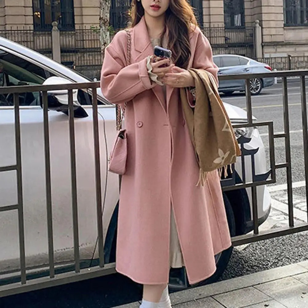 Women Double-Breasted Wool Cashmere Coat Fashion Long Turn-down Collar Belt Woolen Coats Lady Loose Tweed Jacket Autumn Winter 240826