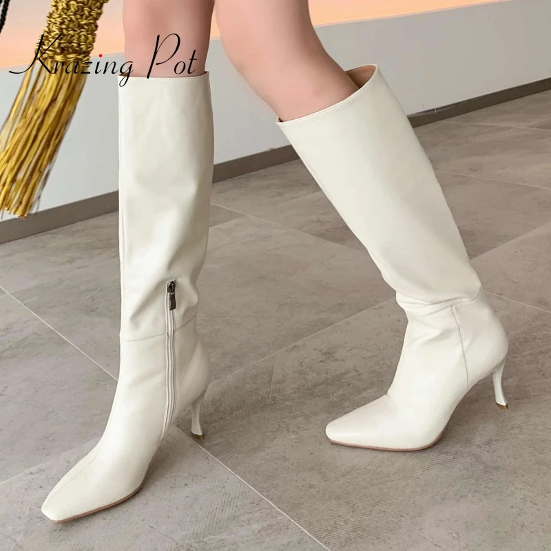 Cowhide pot cow split leather small square heel fine high heels simple style warm winter shoes beautiful women thick high heels 240827