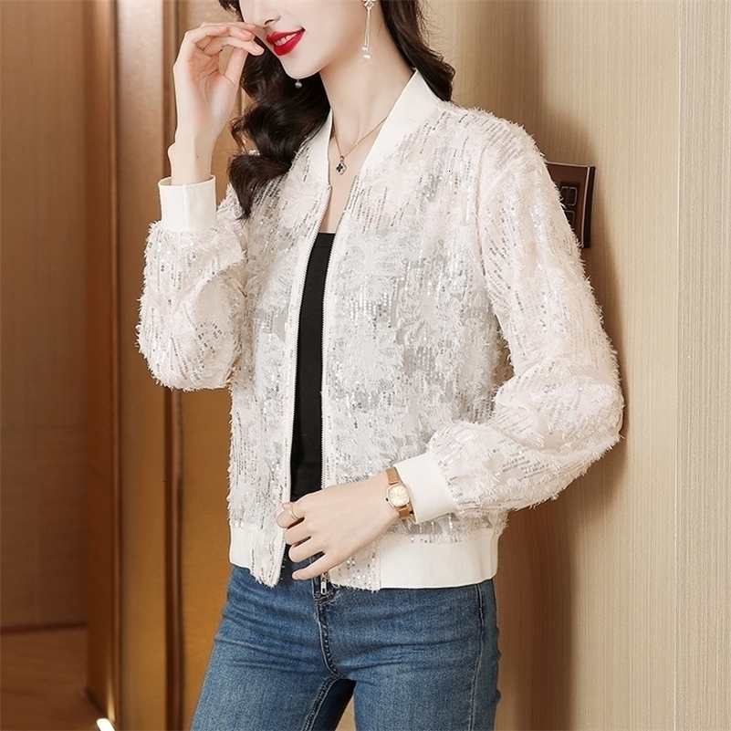 Wxw5368 black beige short baseball jacket for women thin sequin jacket for women slim fit zipper Korean style jacket for summer 240826
