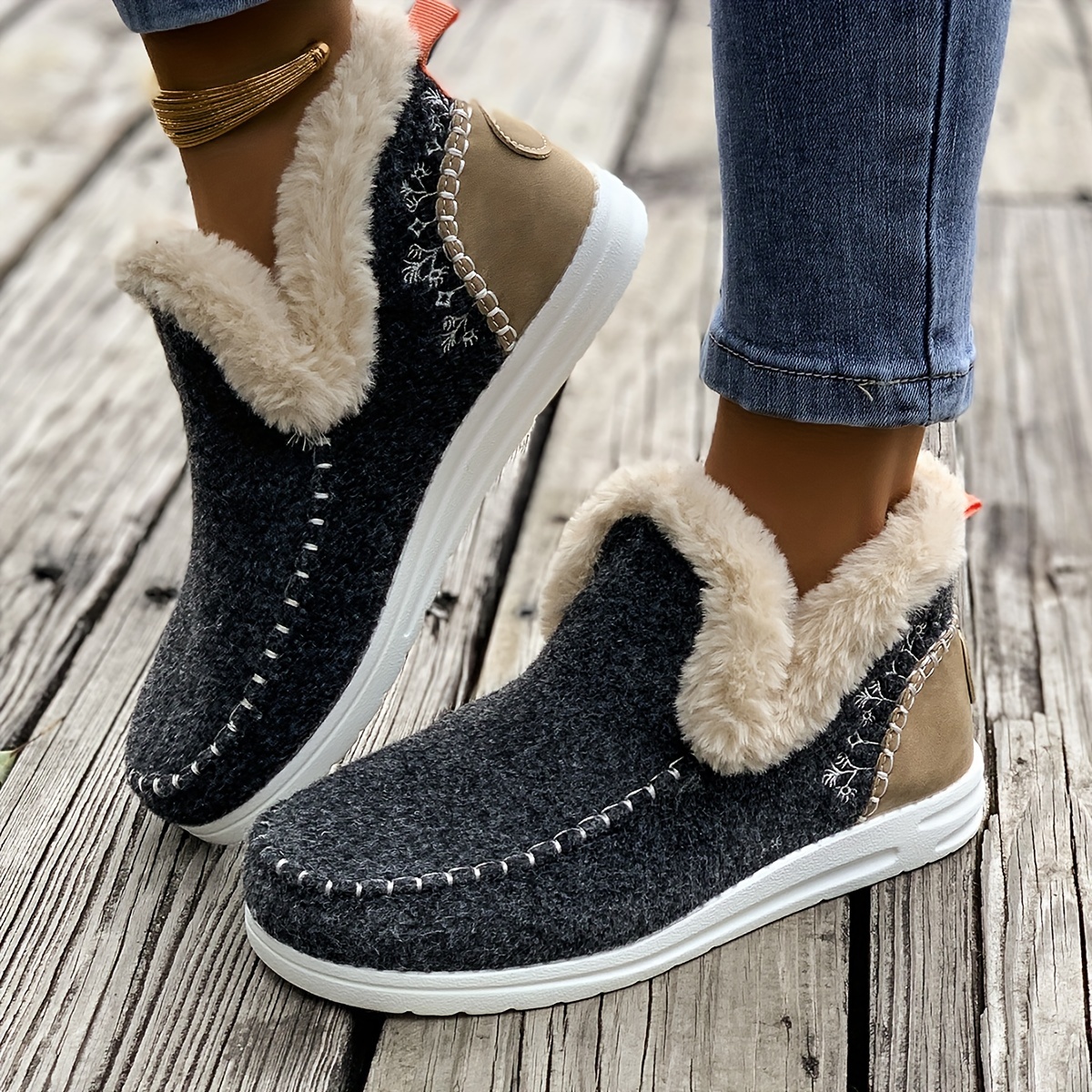 Women's Cozy Flannel Ankle Booties with Faux Fur Trim - Solid Color Slip-on Plain Toe Flat Heel Boots with Fabric Insole and TPR Sole - North Ame