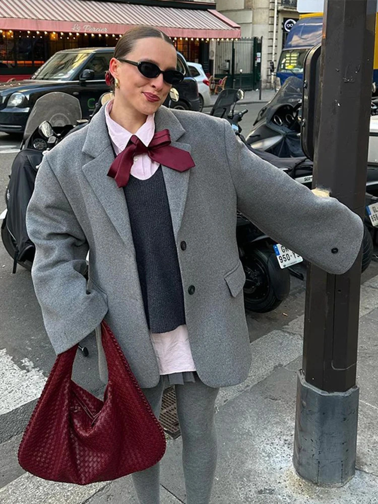 Retro wool button set womens casual loose collared gray jacket autumn classic elegant street 240826