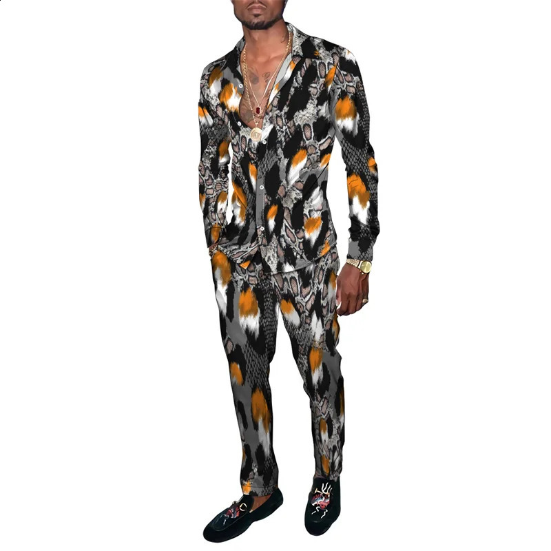 Spring and autumn animal snake skin 3D printed mens clothing set Tracksuit long sleeved shirt long pants two-piece clothing set 240827