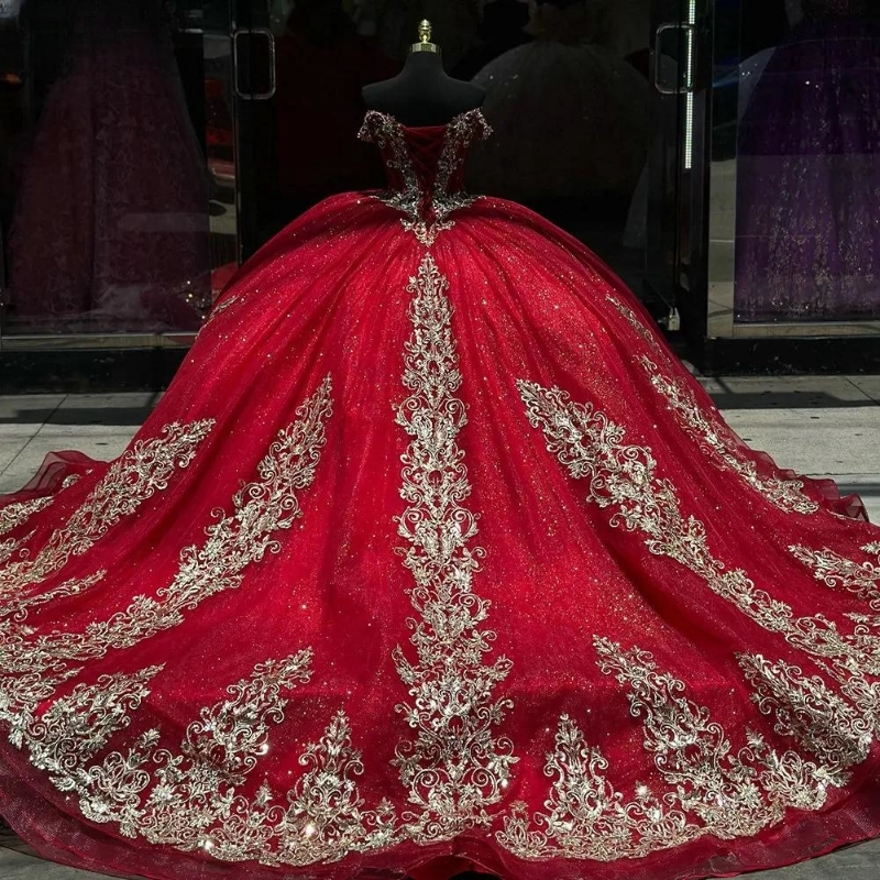 Off Red The Shoulder Corset Ball Gown Quinceanera Dresses Gold Appliques Lace Beads Tull Vestidos De Anos Sweet Dress D