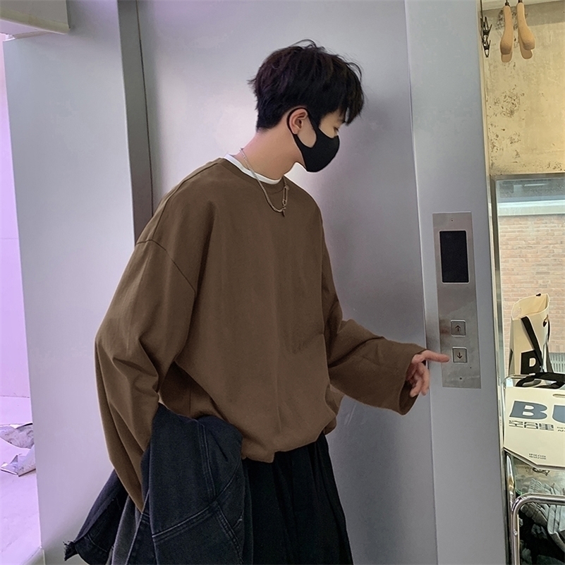 High quality cotton oversized mens basic T-shirt Korean solid color mens casual long sleeved top Harajuku mens T-shirt 5XL 240826