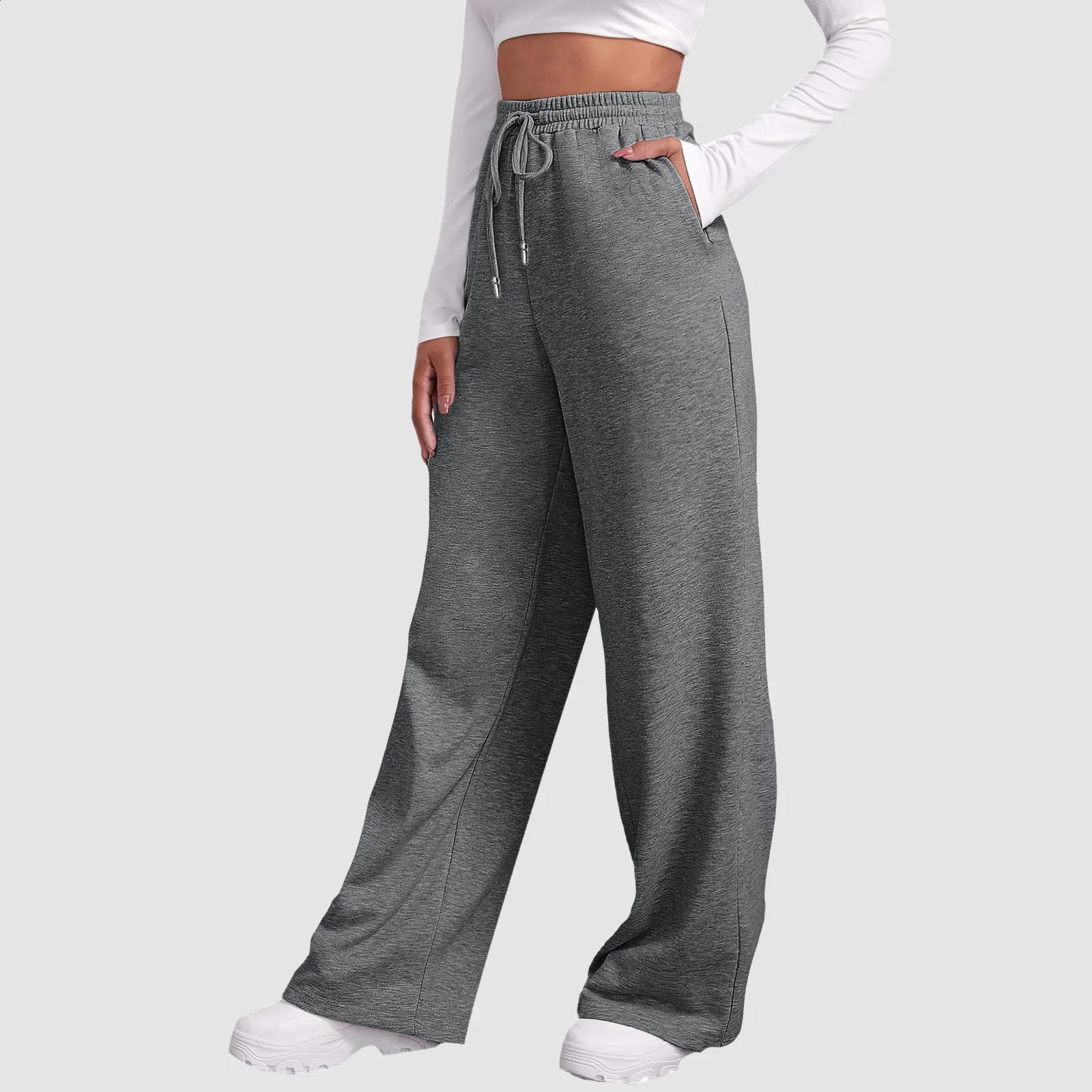 Wide Leg Pants For WomenS Fleece Lined Sweatpants Straight Bottom AllMath Plain Fitness Joggers Travel Basic y240829