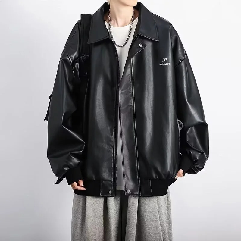 FEWQ PU Leather Mens Jacket Street Fashion Spring Autumn Loose Solid Color Casual Long Sleeve Male Tops 24E2062 240826