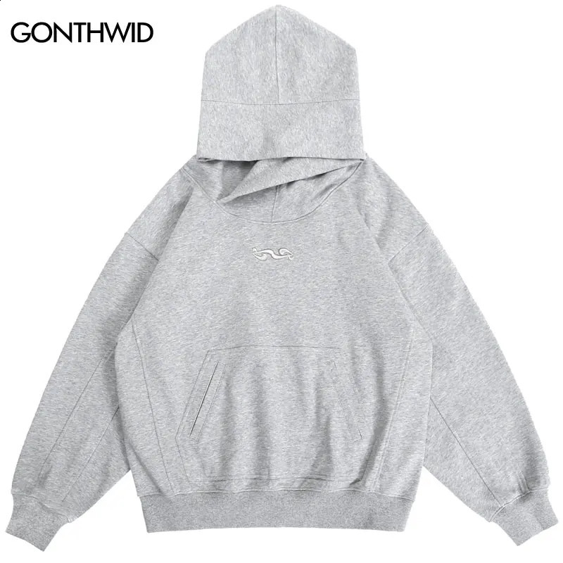 Hip hop ninja hooded streetwear embroidered solid color turtle neck sweatshirt mens Harajuku punk gothic zipper black 240826