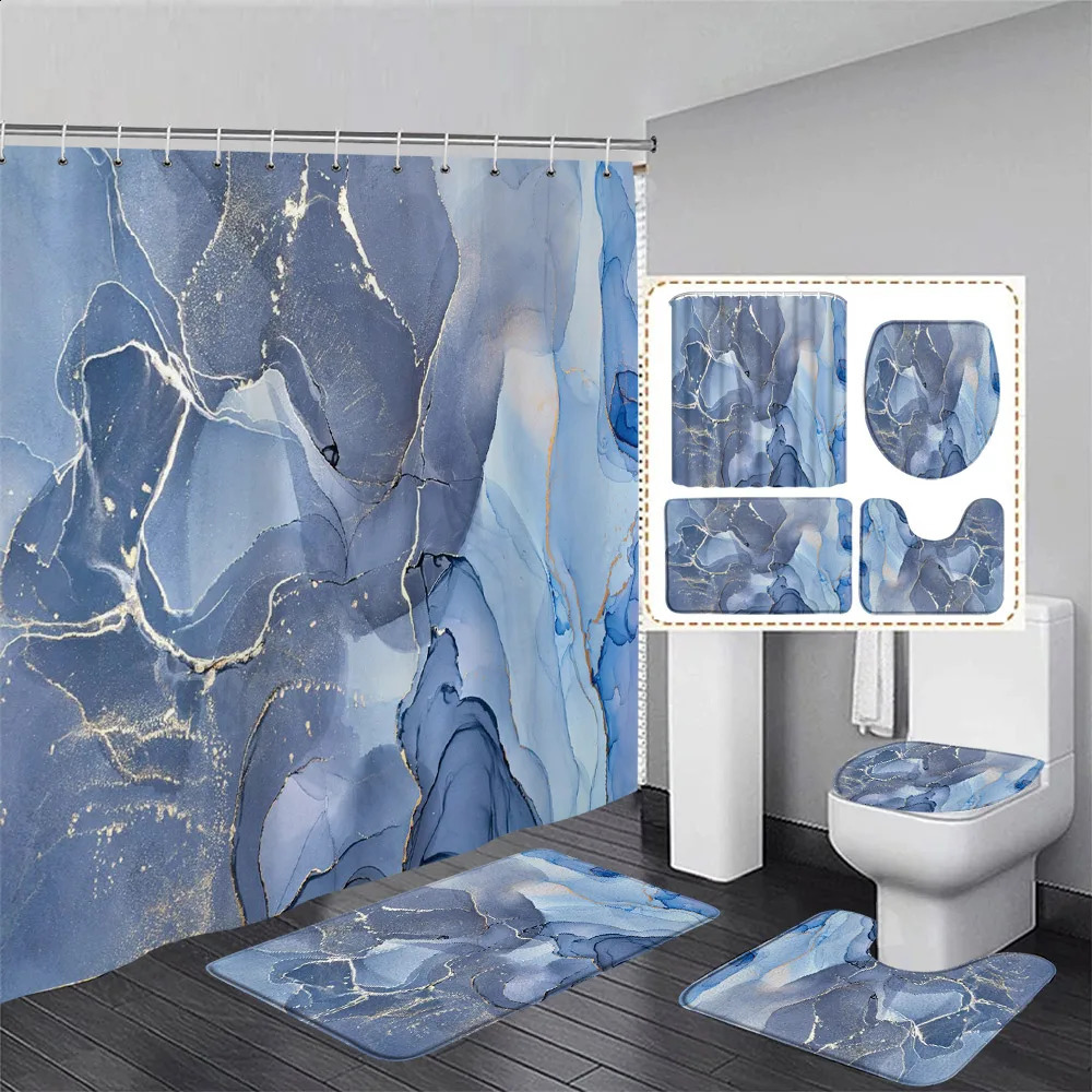 Abstract Blue Marble Shower Curtain Set Gold Line Ink Texture Art Modern Home Bathroom Decor Bath Mats Toilet Lid Cover 240826