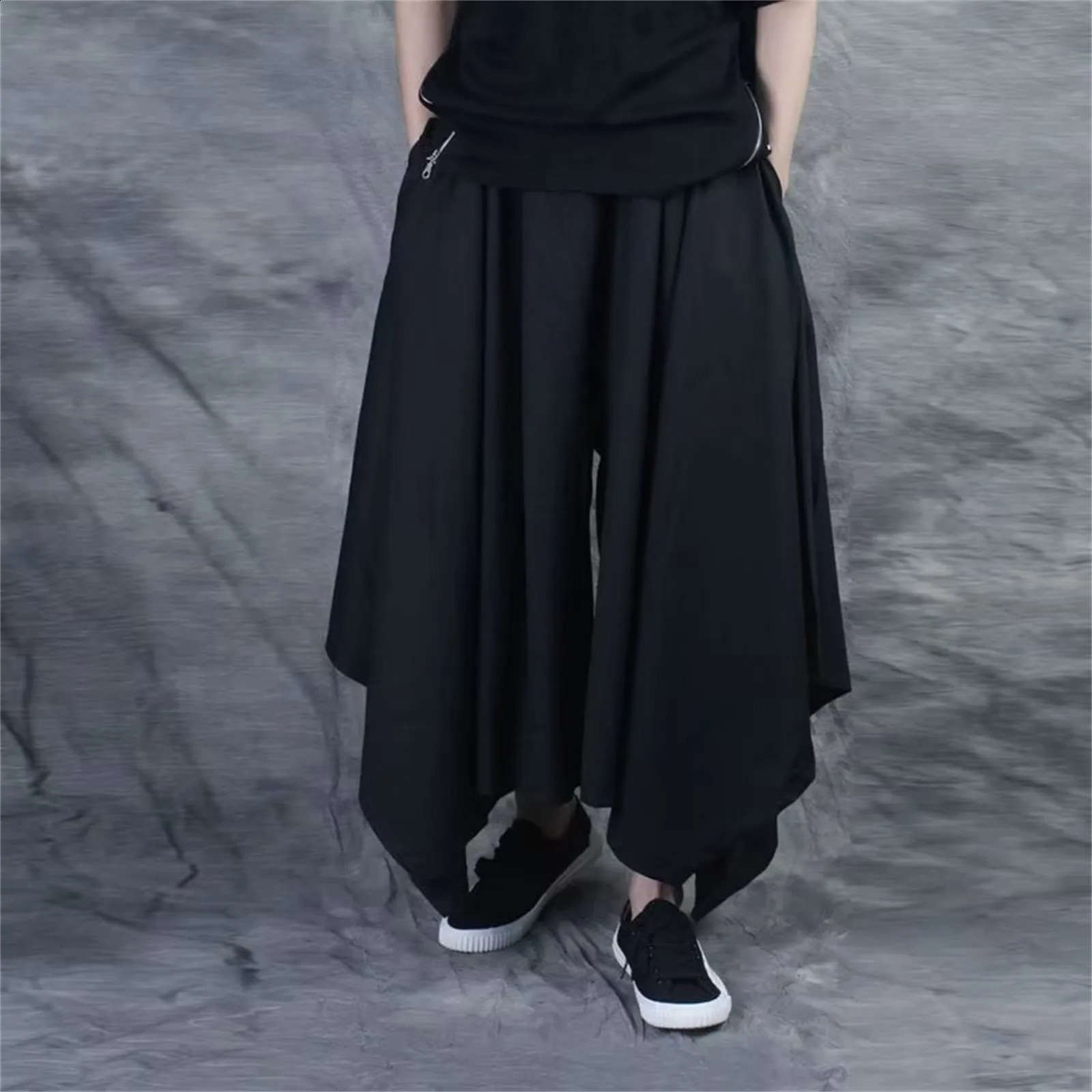 Vintage Men Pants Elastic Casual Baggy Hakama Hiphop Harajuku Cotton Linen Widelegged Loose Drawstring 240823