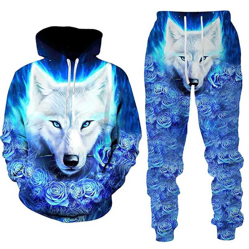 Men's Tracksuits New Forest Wolf 3D Printed Mens Hoodie Autumn/Winter Casual Fashion Sports Pants Track Clothing J240824