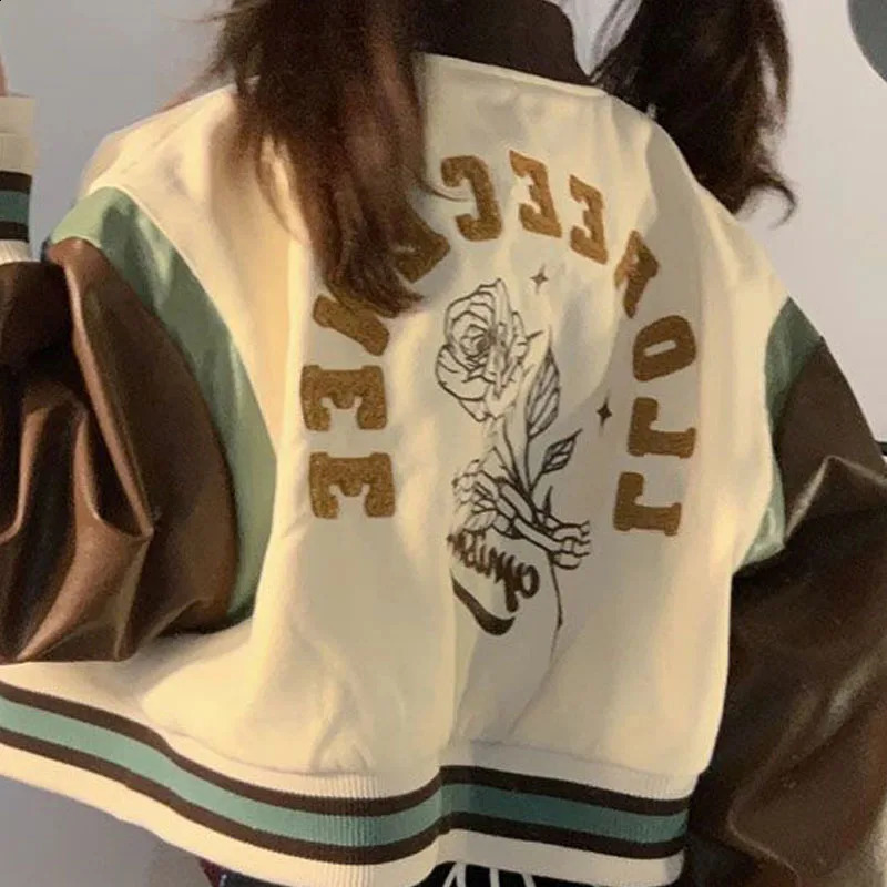 Deeotown Y2k Harajuku Cropped Baseball Jackets Letter Print Sweet Oversized Coat Women Leather Jackets Korean Fashion Streetwear 240827