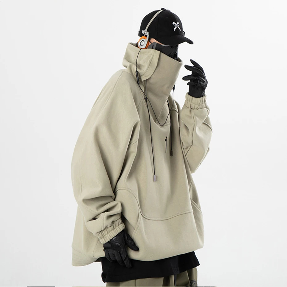 Fashion Hoodie Mens Autumn Windproof High Collar Sweater Techwear Functional Loose Black Zipper 240826