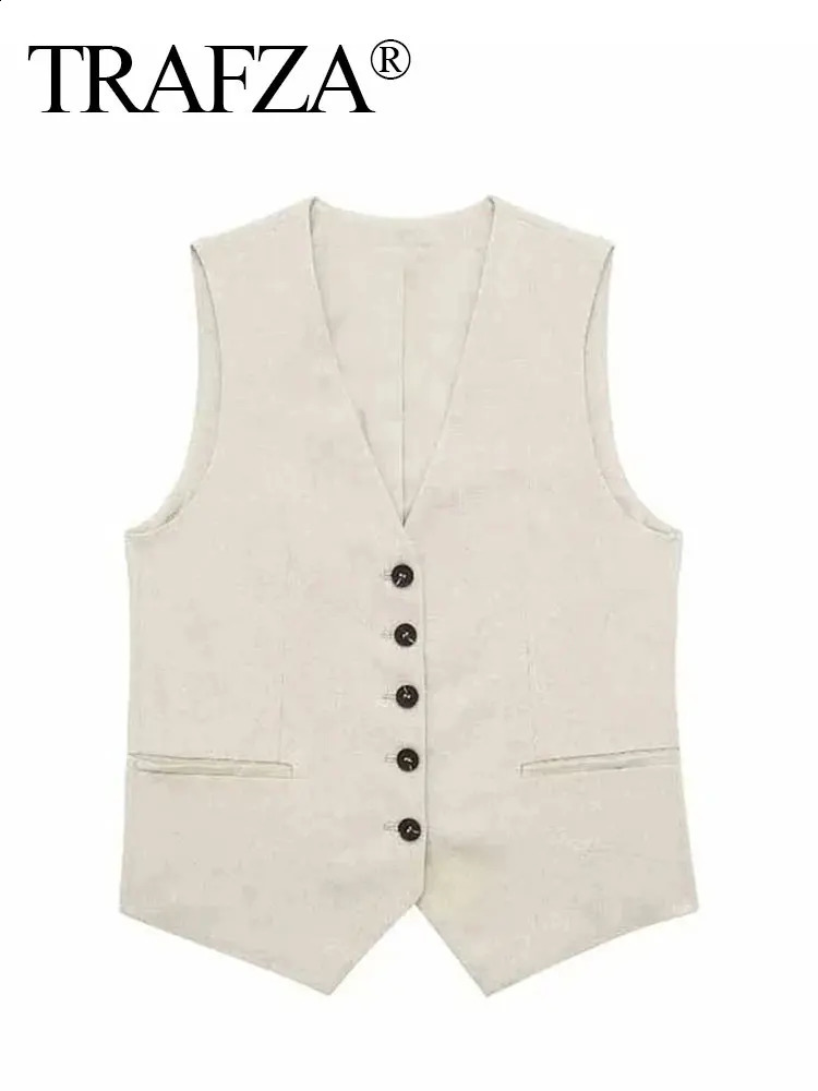 TRAFZA Womens Fashion Solid Vest Top Vintage V Neck Button Loose Casual Vests Summer Y2k Woman Streetwear Chic Tops Outerwear 240826
