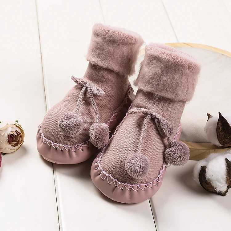 Winter Thick Warm 0-24 Months Cute Double Puff Baby First Step Walker PU Leather Home Socks Shoes Children Soft Sole M240827