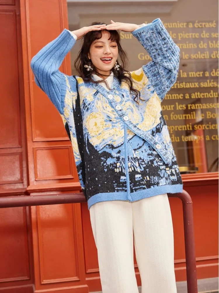 Vintage French Van Gogh Art Button Knitted Cardigan Womens Haruku Patch Work Aesthetics Jacket Pullover Kawaii Sweater Coat Y K