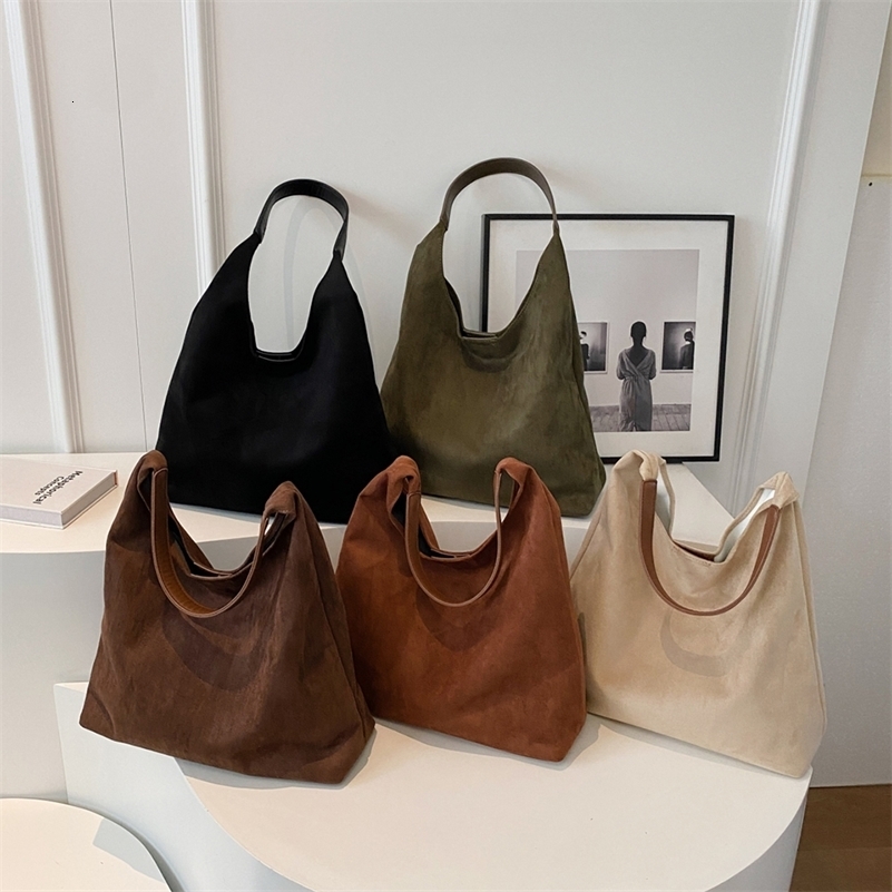 Women Suede Shoulder Bag Retro Single Large Capacity Trendy Work Hobo Solid Color Hasp Clre Outdoor Travel y240826