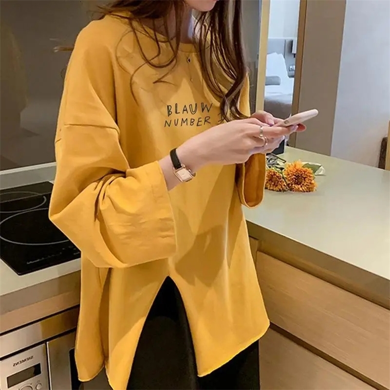 Autumn womens long sleeved O-neck side split T-shirt Harajuku letter printed T-shirt casual oversized T-shirt womens top Y2k streetwear 240826