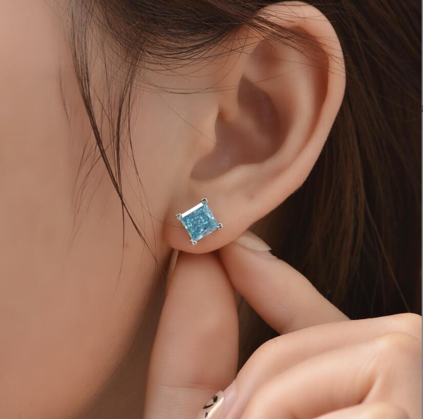 Moissanite Stud Earrings: 1.5CT Princess Cut Aquamarine in 100% Sterg Sier