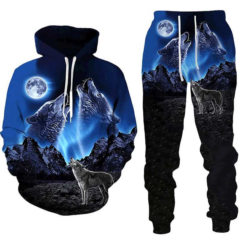 Men's Tracksuits New Forest Wolf 3D Printed Mens Hoodie Autumn/Winter Casual Fashion Sports Pants Track Clothing J240824