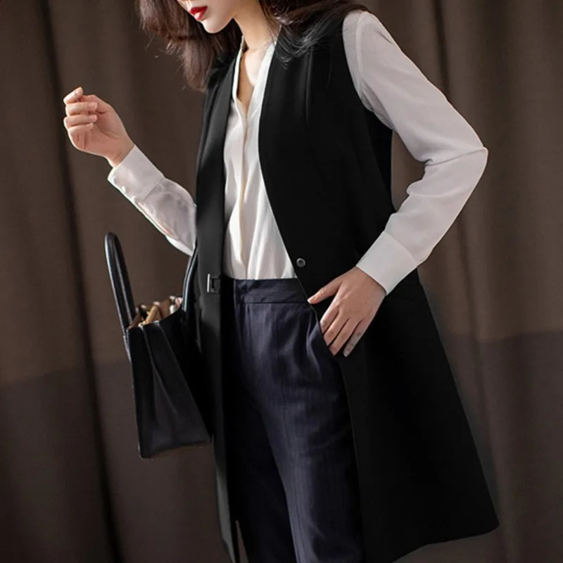 5114 Black Blue Long Vest Waistcoat Women Slim Fit Outerwear Blazer Coat Female Office Sleeveless Jacket Spring Autumn 240826