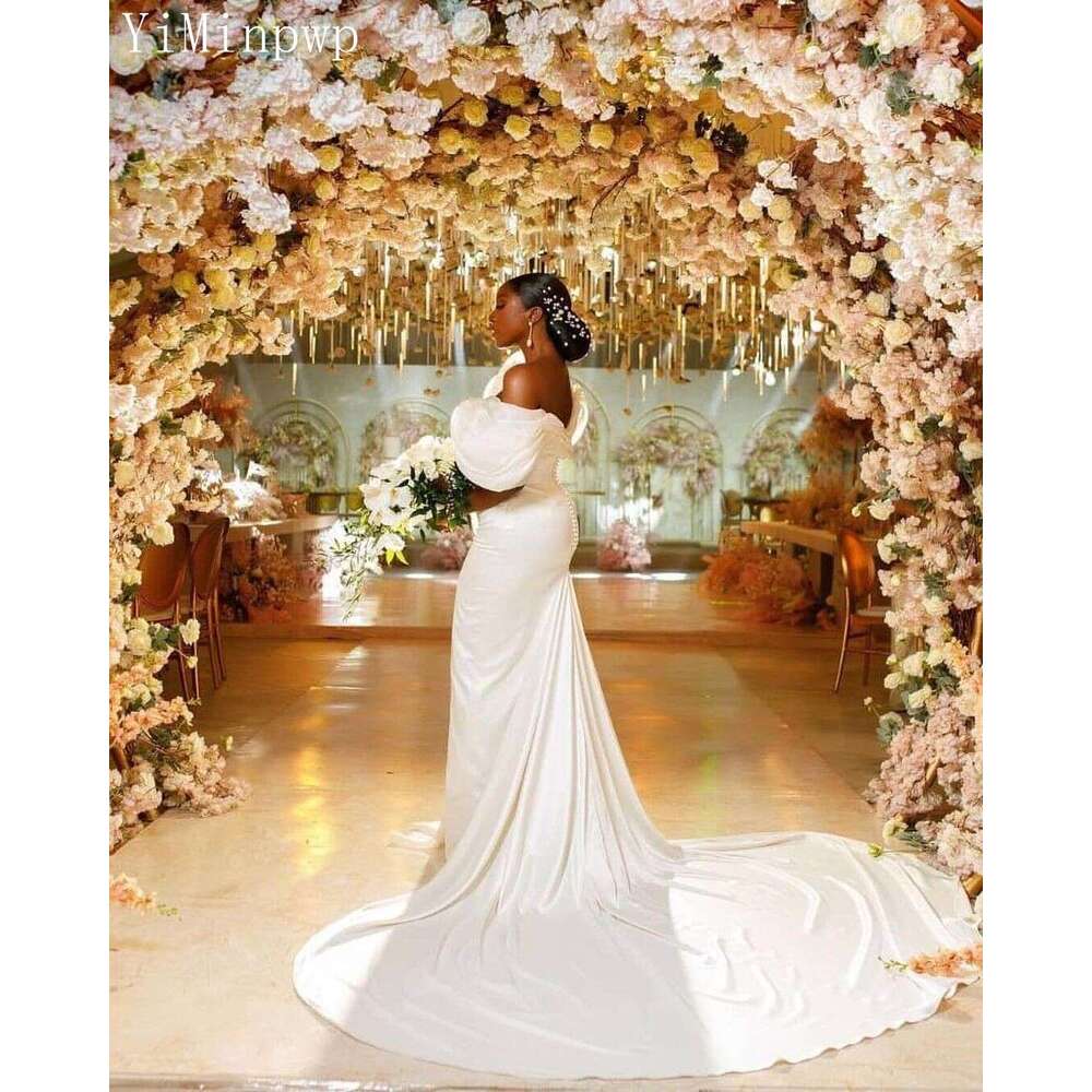 Mermaid African White Wedding Dresses Off Shoulder Sweep Train Pleats Covered Button Chapel Bridal Gowns Robes De Mariage