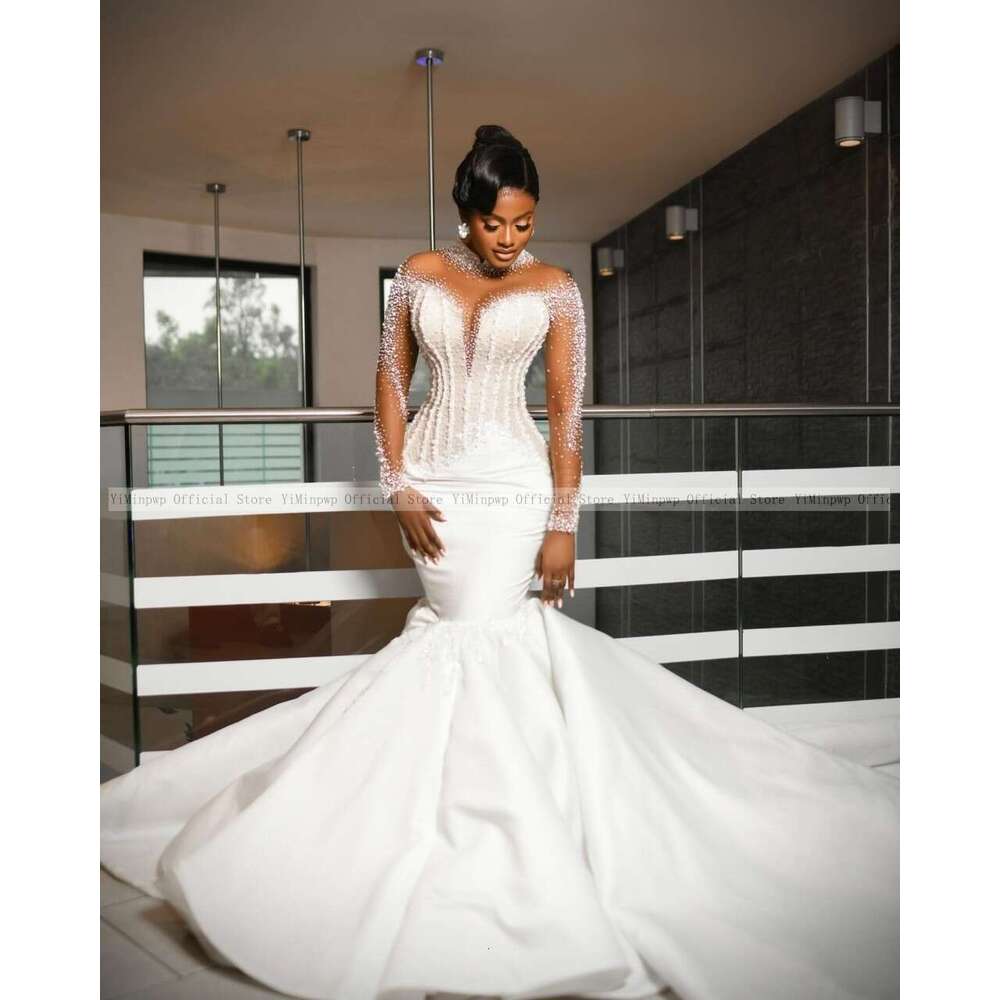 Lavish Mermaid Wedding Dresses for Bride High Neck Long Sleeve Pearls Beading African Bridal Gowns robes