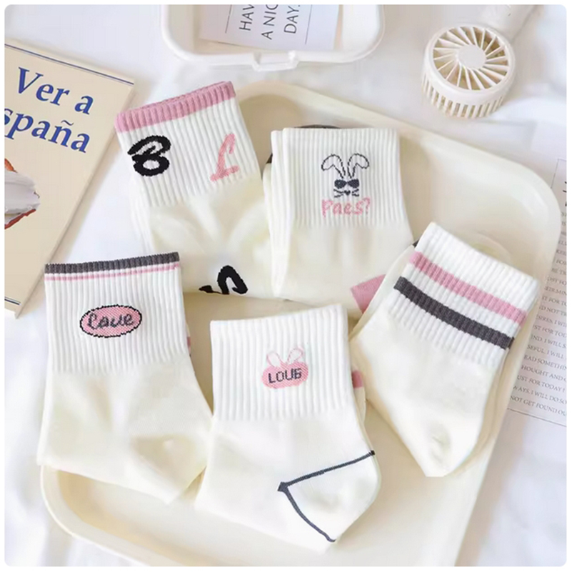 OC-Chery B9001 Spring and Autumn Girls' Socks Shallow Mouth Stripe Letter Cut Student Motion Short Socks Polyester Wholesale 5 Colors