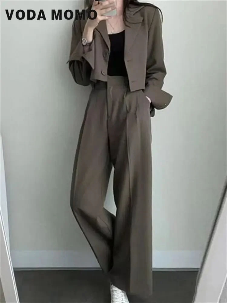 Spring Korean Casual Elegant Suits Blazer Jacket Wide Leg Trousers High Waist Pants Suits Female 2 Piece Sets Crop Top Coats 240826