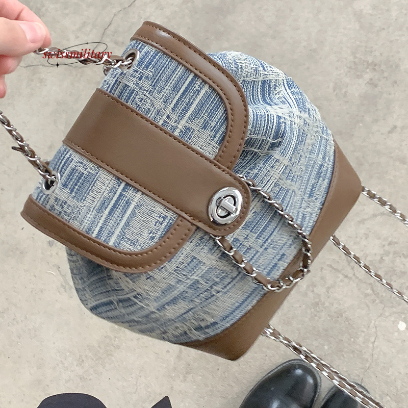 Swissmilitary Korean version fashionable for women 2023 new chain backpack versatile denim bucket bag #43