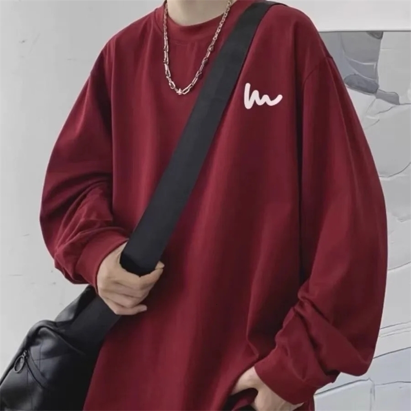 Fashionable white long sleeved mens T-shirt loose fitting bottom layer Korean style lining heavy-duty round neck trendy 240826