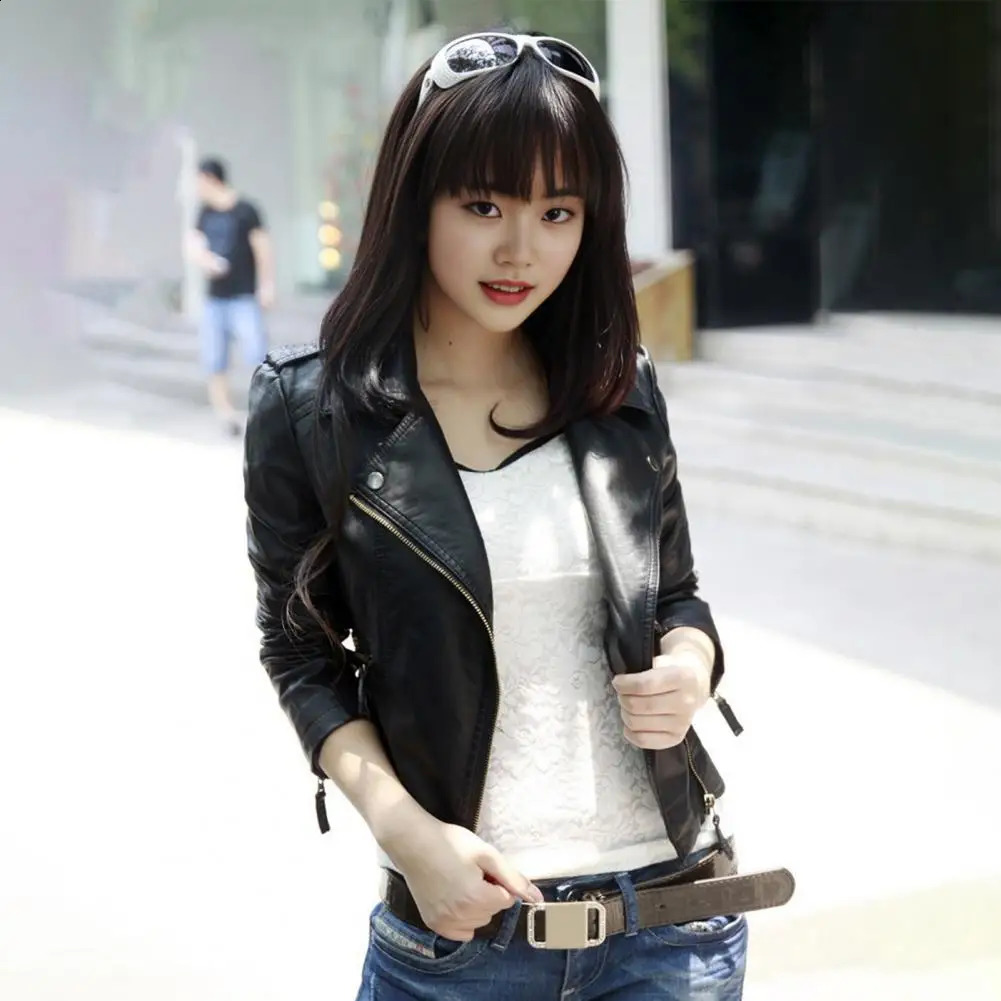 Womens Artificial Leather Jacket Fashion Womens Artificial Leather Motorcycle Jacket with Zipper Pocket Spring Autumn Coat Windproof Plus 240827