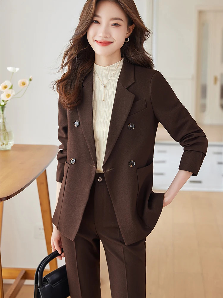 Fashion Ladies Pant Suit Women Office Business Work Wear Blazer And Trouser Beige Black Khaki 2 Piece Set With Pocket 240826