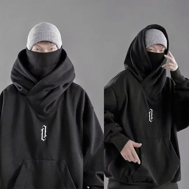 Embroidered turtle neck mens sweatshirt Japanese ninja hooded autumn hiphop wool pocket streetwear oversized Y2K w240826
