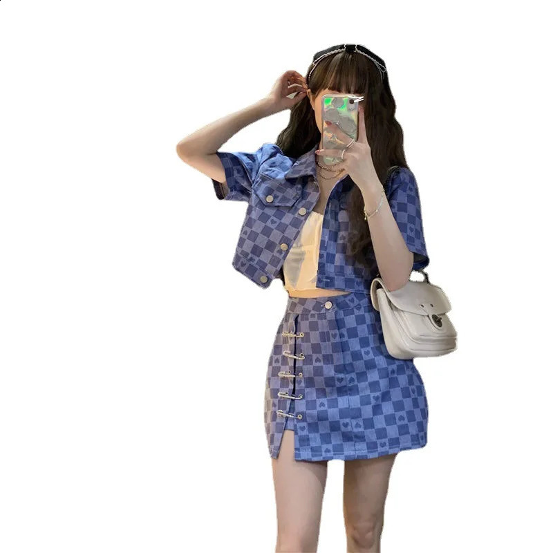 summer short sleeved jacket plain shirt twopiece set womens coat cropped top dress 240827