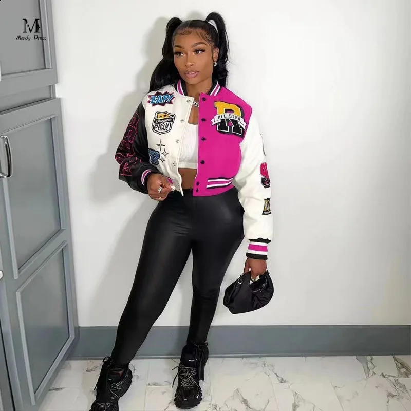 Street Women Print Varsity Jacket Baseball Uniform Long Sleeve Patchwork Y2K Clothes Fashion Autumn Winter Vintage Coat 240827