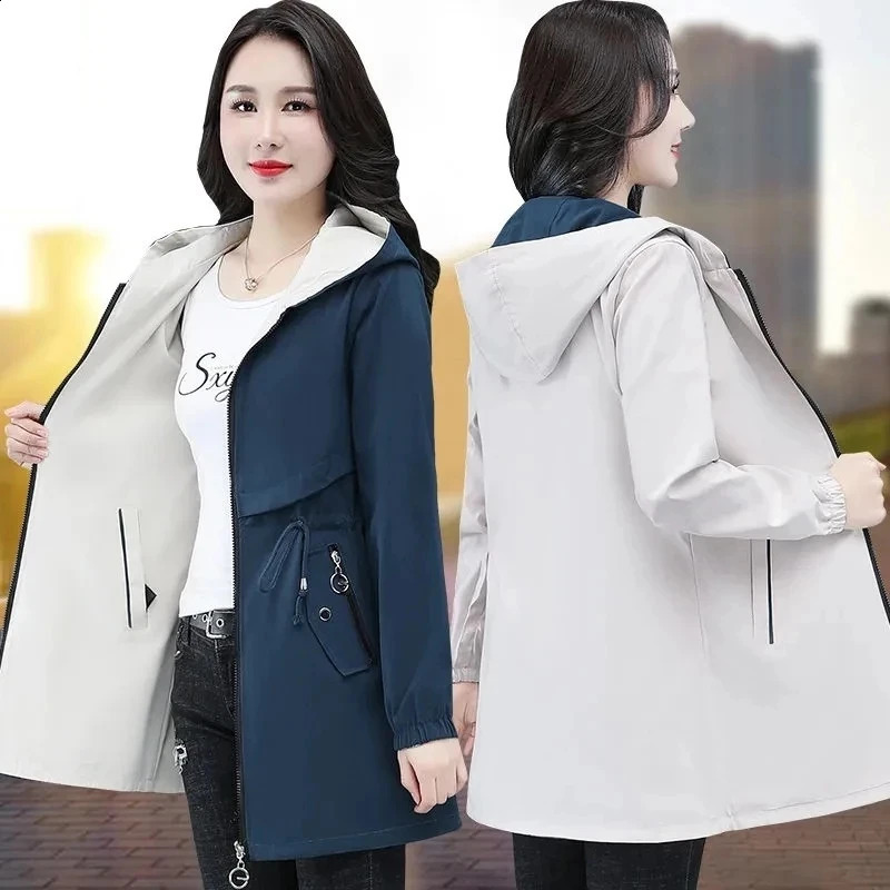 Double sided trench coat womens Spring and Autumn clothing hooded plus size windproof jacket 240826