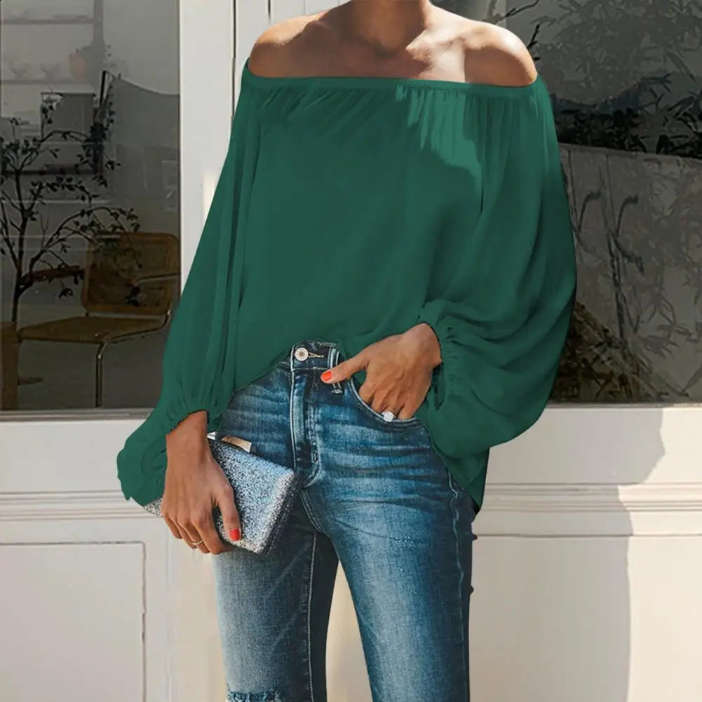 Solid Color Off Shoulder Women Shirt Spring Lantern Long Sleeve Women Blouse Dressing Up Elastic Collar Lady Shirt Streetwear 240827